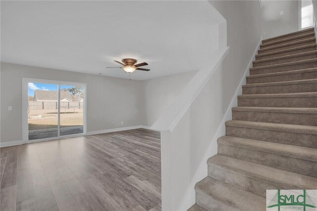 stairway featuring ceiling fan and hardwood / wood-style floors