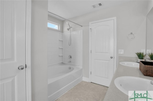 bathroom with shower / washtub combination, tile patterned flooring, and vanity