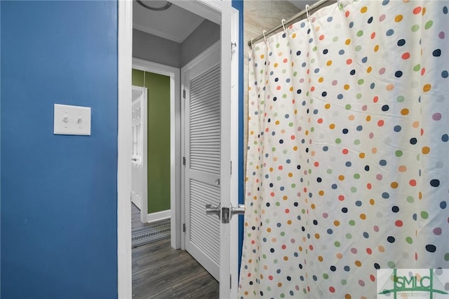 bathroom featuring walk in shower and hardwood / wood-style flooring