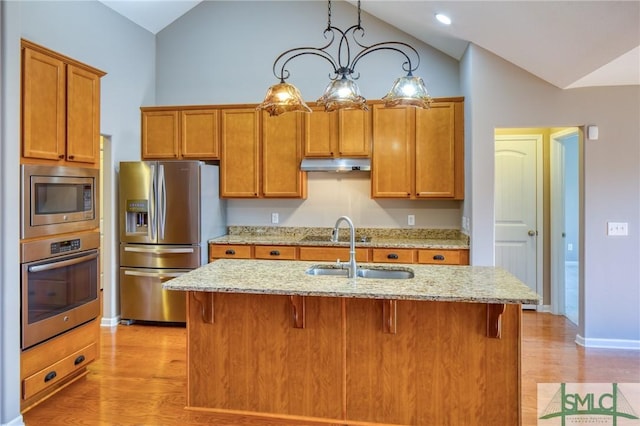 kitchen featuring vaulted ceiling, an island with sink, appliances with stainless steel finishes, and sink