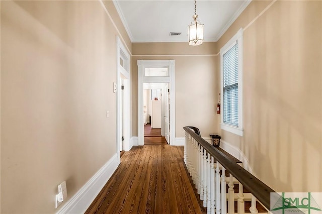 corridor featuring dark hardwood / wood-style flooring and crown molding