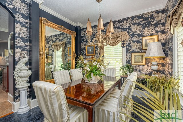 dining space featuring wallpapered walls, ornamental molding, a wealth of natural light, and a textured ceiling