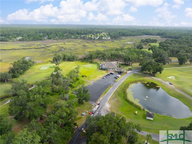 bird's eye view featuring a water view and golf course view