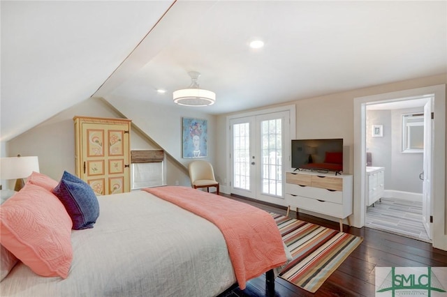 bedroom featuring ensuite bathroom, french doors, access to exterior, dark hardwood / wood-style floors, and lofted ceiling