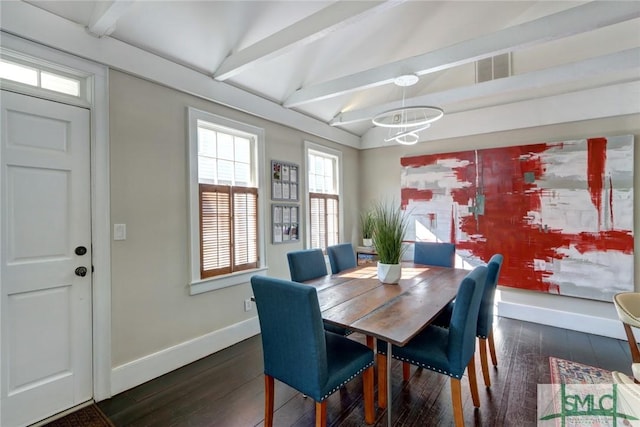 dining area with an inviting chandelier, dark hardwood / wood-style floors, and vaulted ceiling with beams