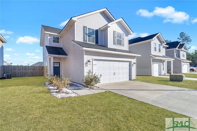 view of front of property with a garage, central air condition unit, and a front lawn