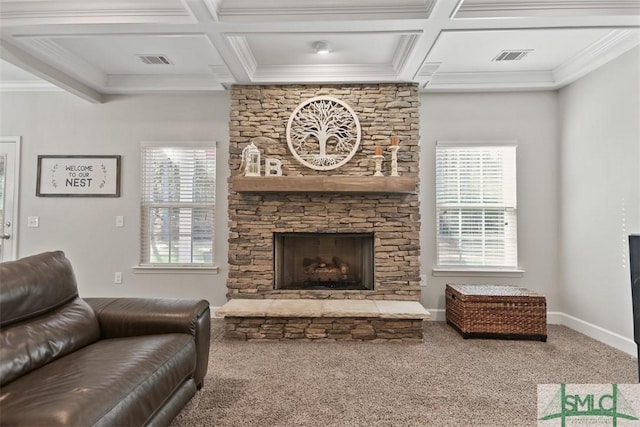 living room featuring coffered ceiling, beamed ceiling, carpet flooring, and a fireplace