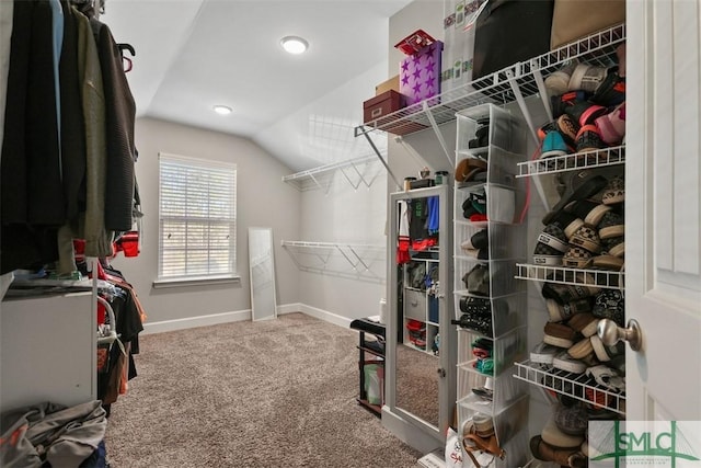 walk in closet with carpet flooring and vaulted ceiling