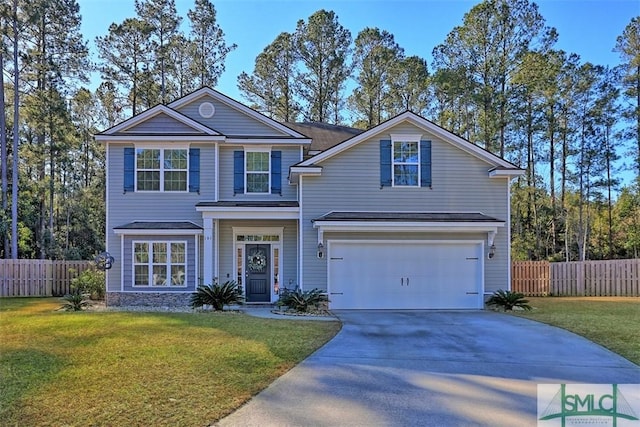 front facade with a garage and a front lawn