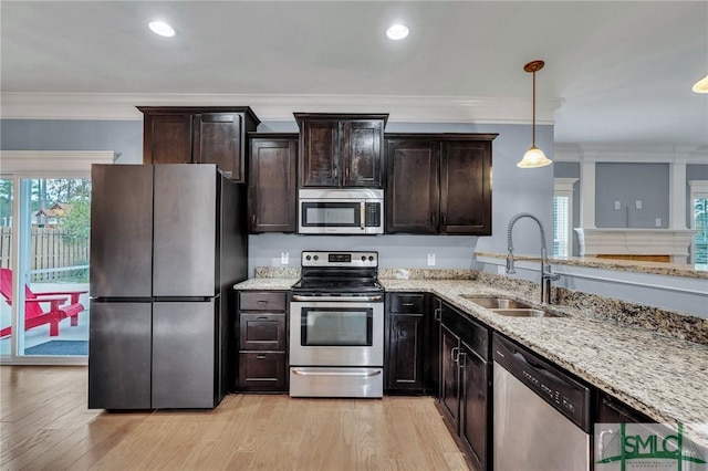 kitchen with crown molding, hanging light fixtures, appliances with stainless steel finishes, sink, and dark brown cabinetry