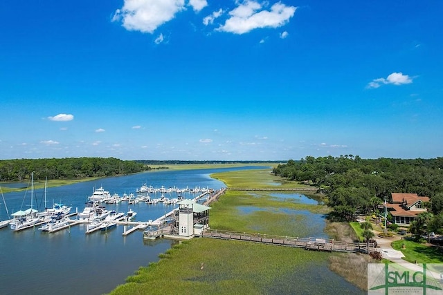 drone / aerial view with a water view