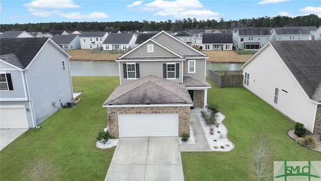 view of front facade with a garage, central AC, and a front lawn