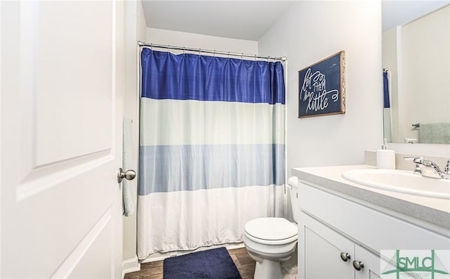 bathroom featuring wood-type flooring, toilet, and vanity