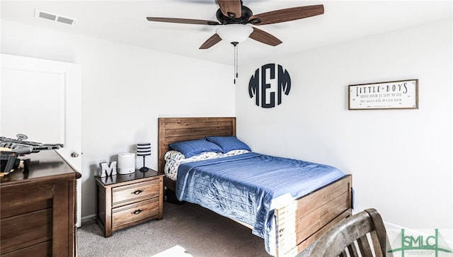 bedroom featuring ceiling fan and carpet