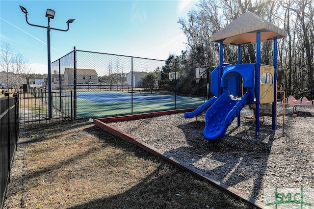 view of jungle gym with basketball court and tennis court