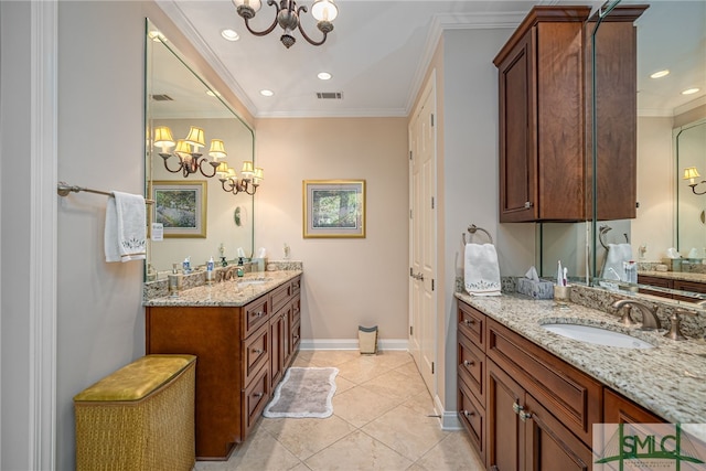 bathroom with vanity, a chandelier, crown molding, and tile patterned flooring