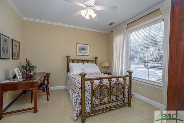 bedroom featuring ceiling fan, light colored carpet, and multiple windows