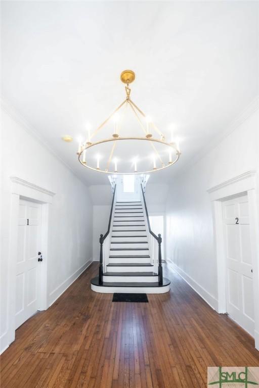 interior space with hardwood / wood-style flooring and ornamental molding