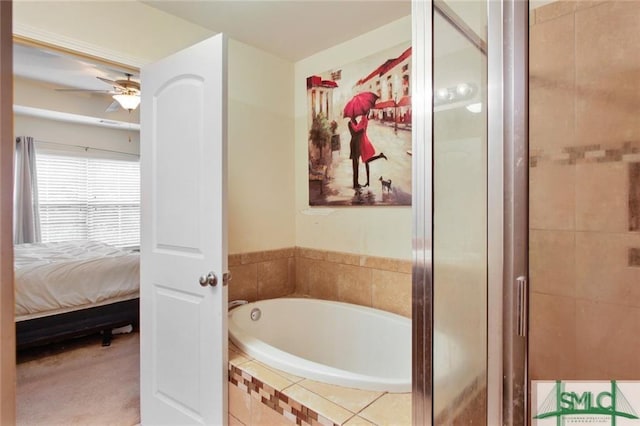 bathroom with ceiling fan and independent shower and bath