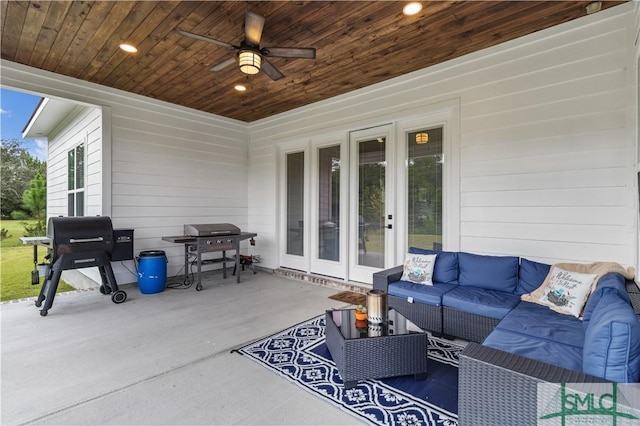 view of patio / terrace featuring ceiling fan, outdoor lounge area, and a grill