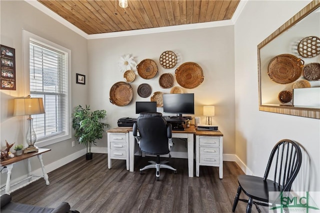 office area with a wealth of natural light, ornamental molding, and wood ceiling