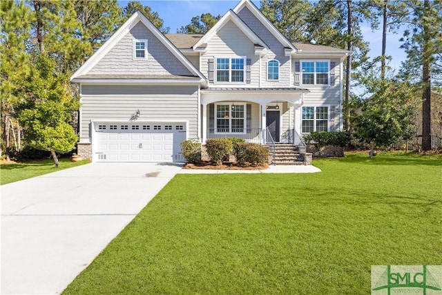 craftsman-style home with a porch and a front lawn