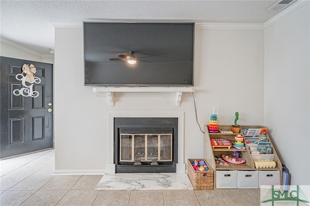 room details featuring crown molding, a textured ceiling, and ceiling fan