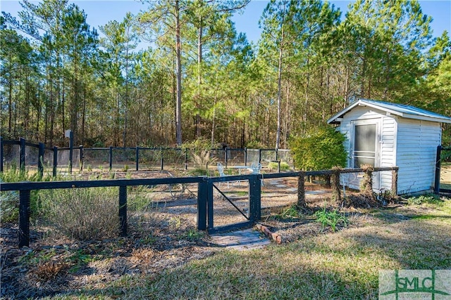 view of yard featuring a storage shed