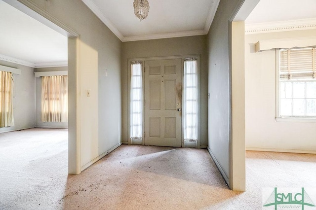 carpeted entryway with crown molding