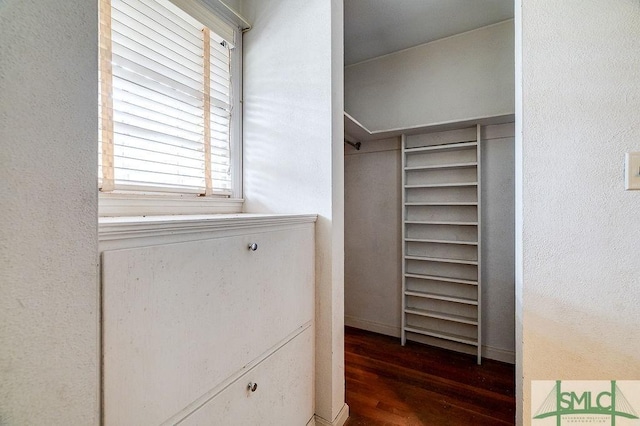 spacious closet with dark wood-type flooring