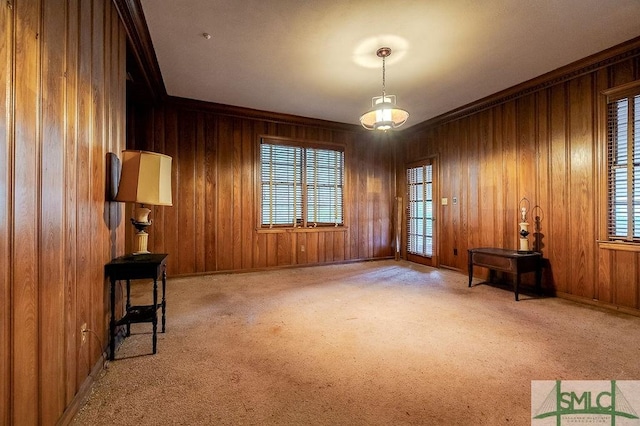 interior space featuring a wealth of natural light, ornamental molding, and light carpet