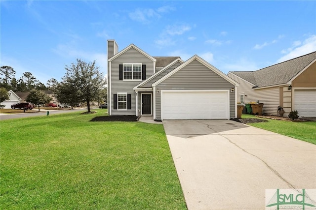 traditional-style house featuring an attached garage, driveway, a chimney, and a front yard