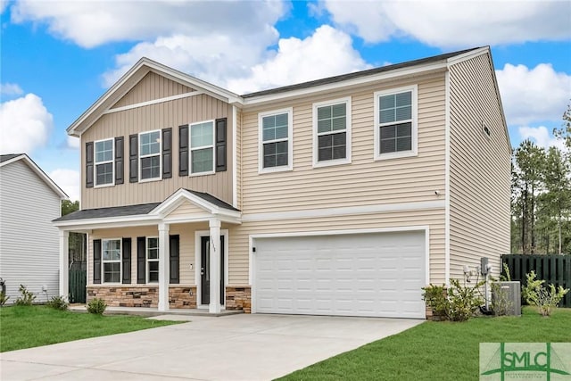 craftsman-style home featuring a garage, cooling unit, a front lawn, and a porch