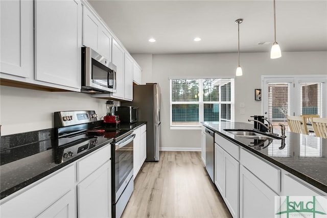 kitchen with sink, dark stone countertops, white cabinets, and appliances with stainless steel finishes