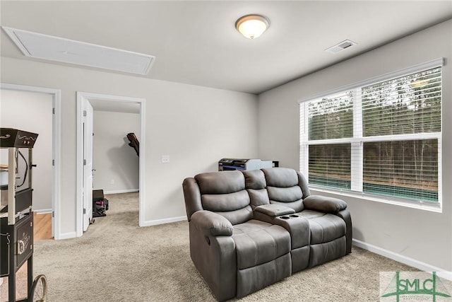 interior space featuring light colored carpet