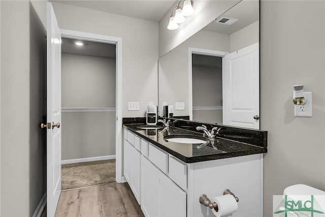 bathroom with hardwood / wood-style floors and vanity