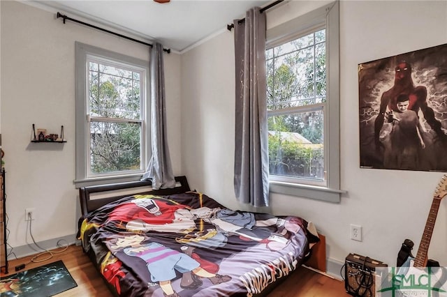 bedroom with hardwood / wood-style flooring