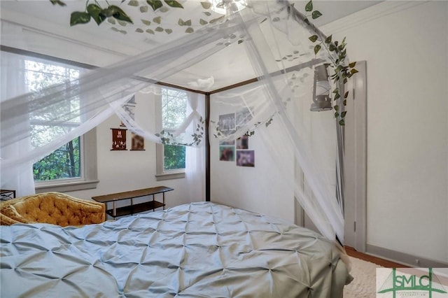 bedroom with crown molding and hardwood / wood-style floors