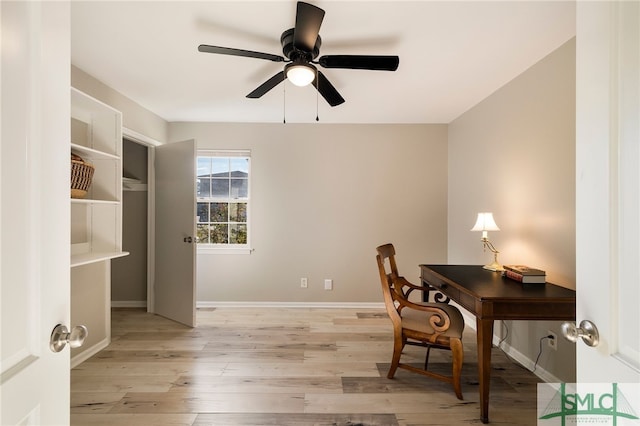 office featuring light hardwood / wood-style flooring and ceiling fan