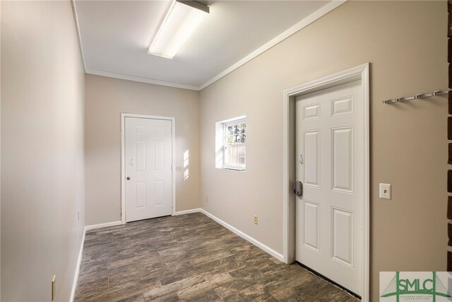 interior space featuring ornamental molding and dark hardwood / wood-style floors