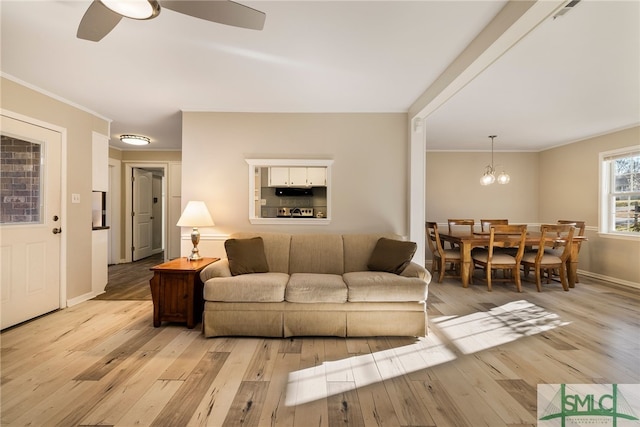 living room with ceiling fan with notable chandelier, light hardwood / wood-style flooring, and crown molding