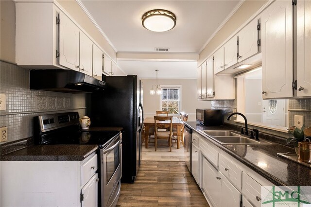 kitchen featuring white cabinetry, dark hardwood / wood-style flooring, stainless steel appliances, sink, and backsplash