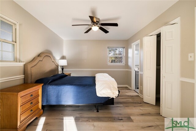 bedroom featuring ceiling fan and hardwood / wood-style floors