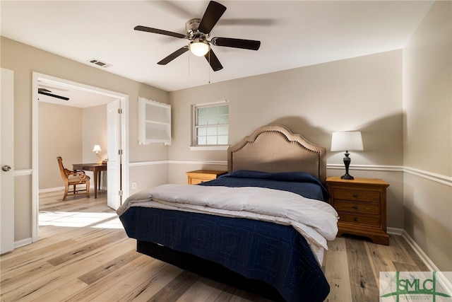 bedroom with ceiling fan and light hardwood / wood-style flooring