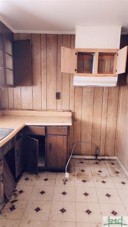 kitchen with ornamental molding and wooden walls