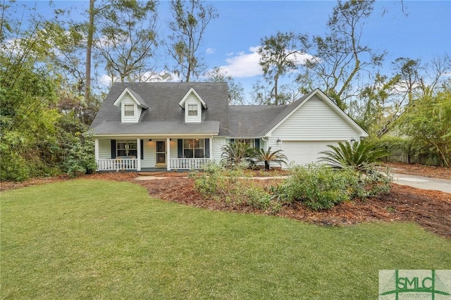 cape cod home with a porch, a garage, and a front lawn