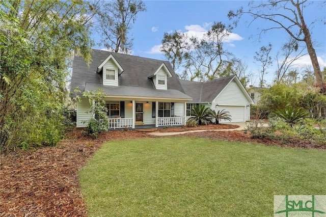 cape cod house with a garage, a porch, and a front yard