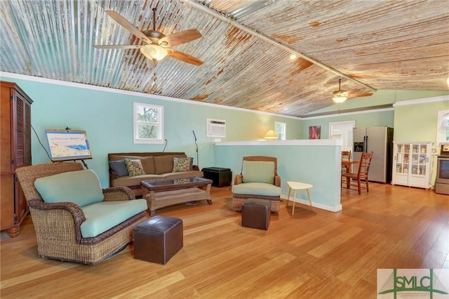 living room featuring lofted ceiling, wood-type flooring, an AC wall unit, wooden ceiling, and ceiling fan