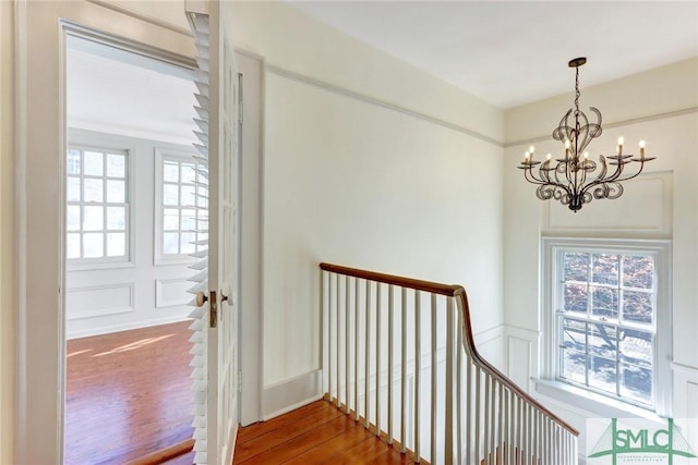 stairs with hardwood / wood-style flooring and a chandelier