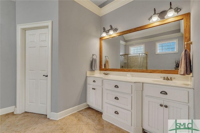 bathroom with an enclosed shower, vanity, and crown molding